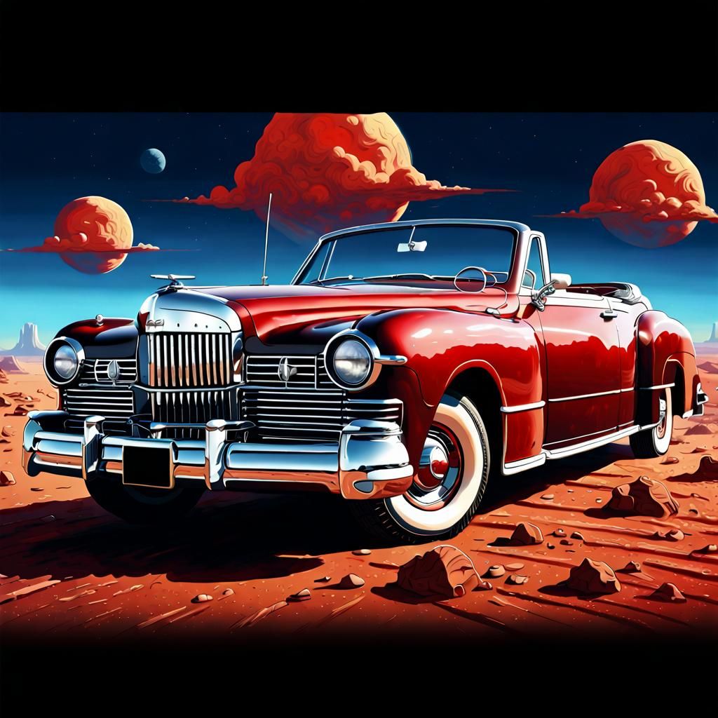Vintage Car on Mars in Dark Comic Style