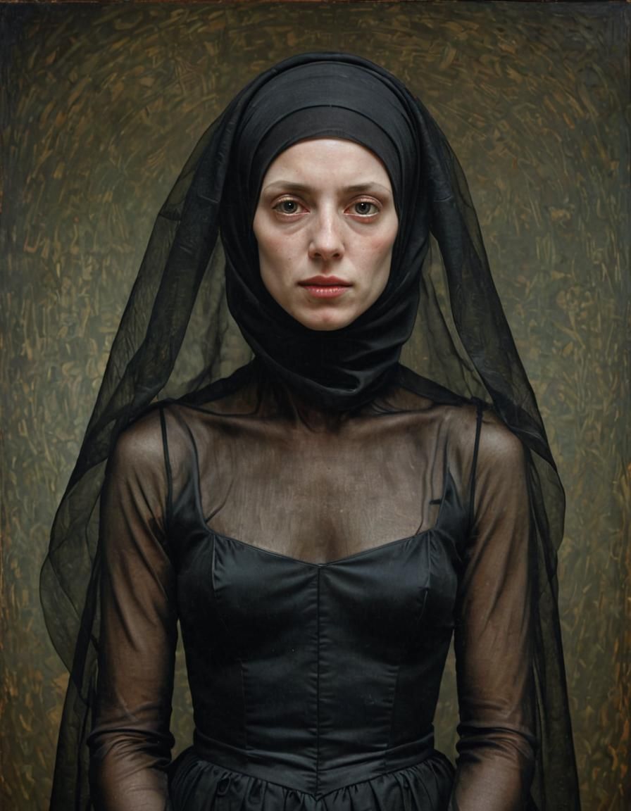 Eerie Portrait of Woman in Shroud as Oil Painting