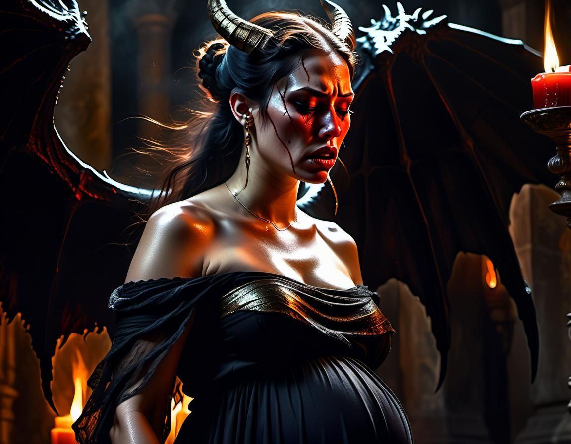 Renaissance Scene: Woman, Demon, and Smoky Candlelight