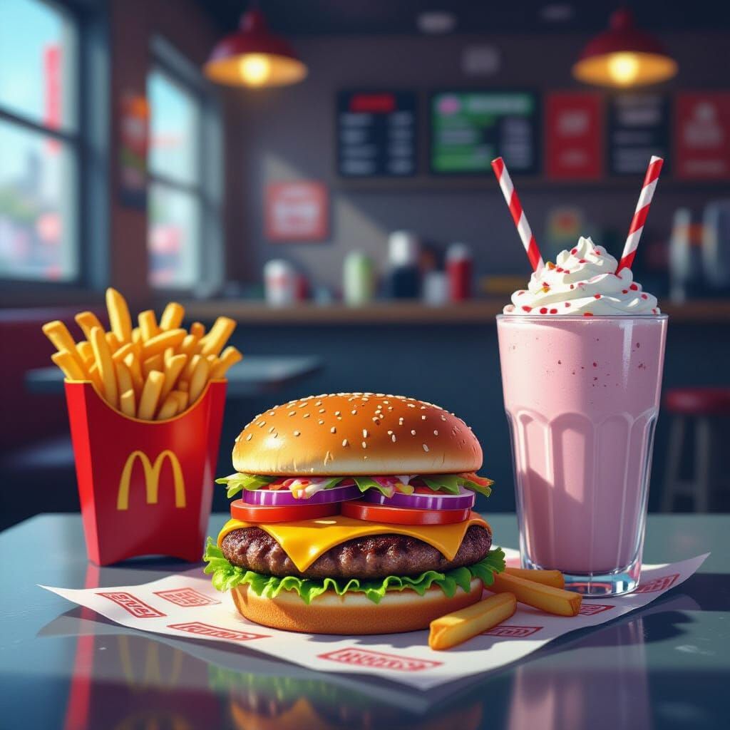 Vibrant Burgers, Fries, and Milkshakes as Digital Art