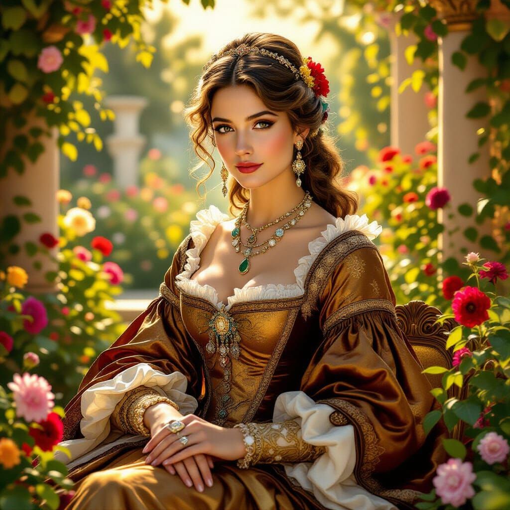 Renaissance Noblewoman in Italian Garden with Golden Light