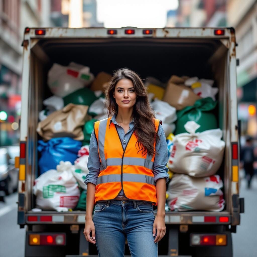 Garbage Woman on Truck in City, Professional Photography