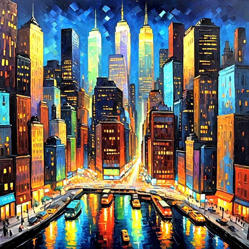 Manhattan at Night: A Glittering Expressionist Painting