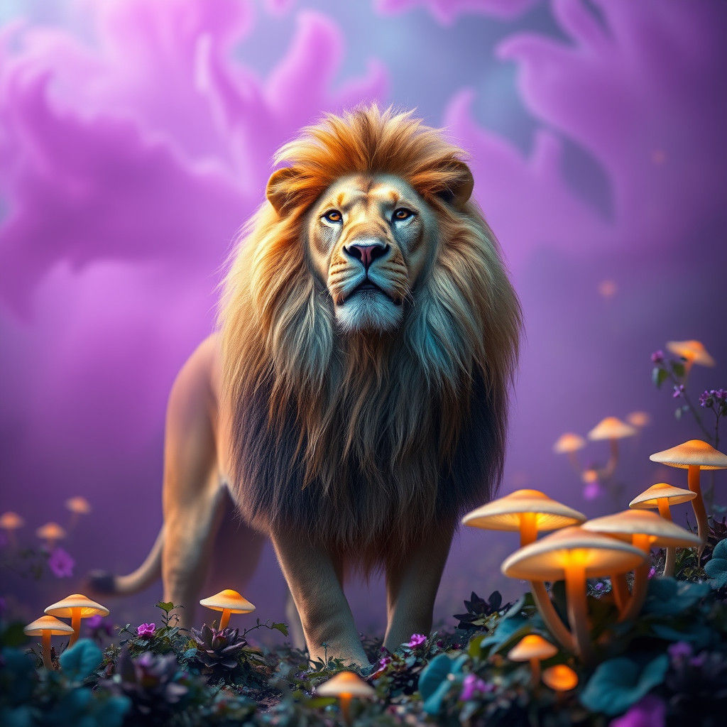 Majestic Dream Lion in Surreal Landscape