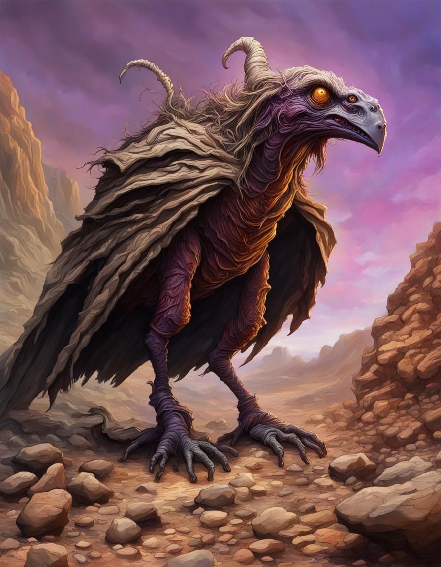 Hyperrealistic Skeksis in Rocky Wasteland
