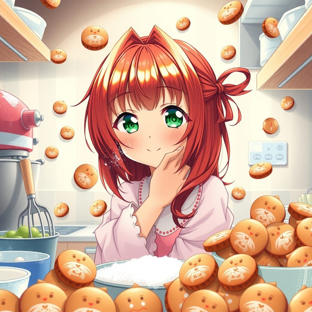 Anime Girl Baking Cookies in Kitchen