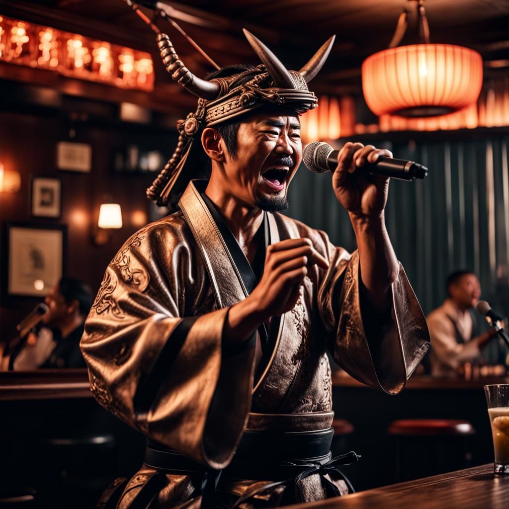 Humorous Samurai Karaoke Scene in Hyperrealistic Style