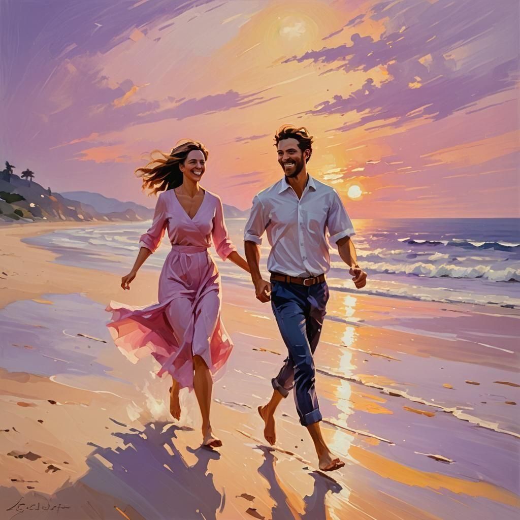 Romantic Beach Sunset: Golden Hour Couple in Soft Focus