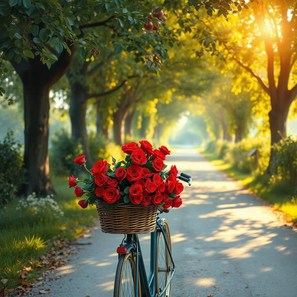 Romantic Bicycle Ride with Red Roses
