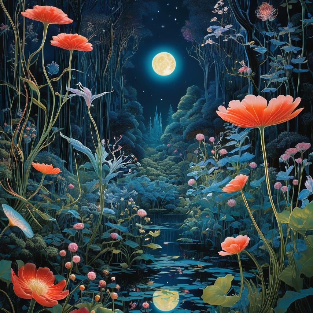 Cosmic Surrealist Art in Mystical Forest