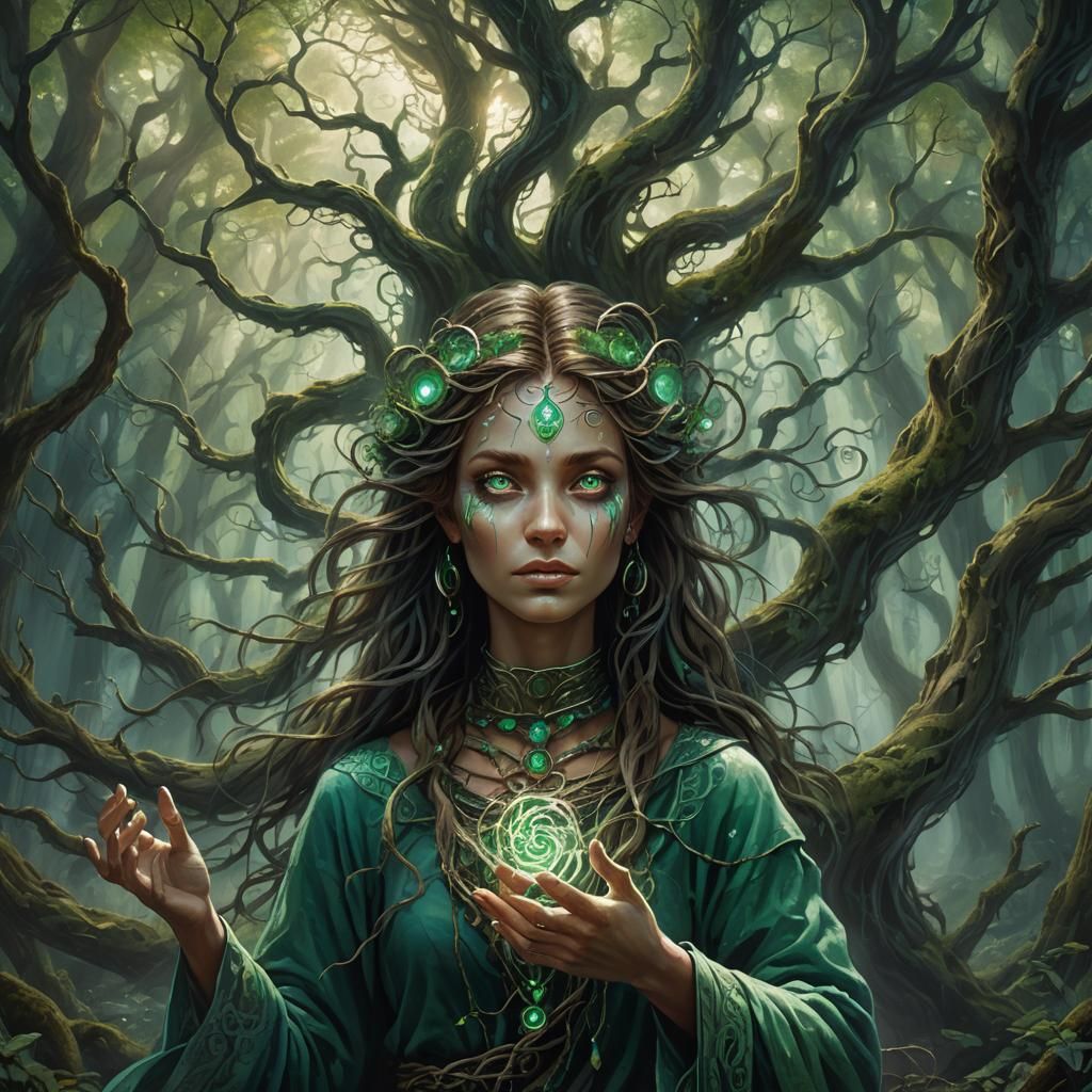 Young Shaman Talking to Ancient Spirit in Forest