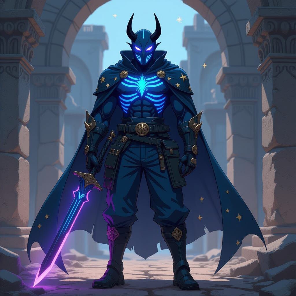 Anime Warrior in Demon Mask with Glowing Armor