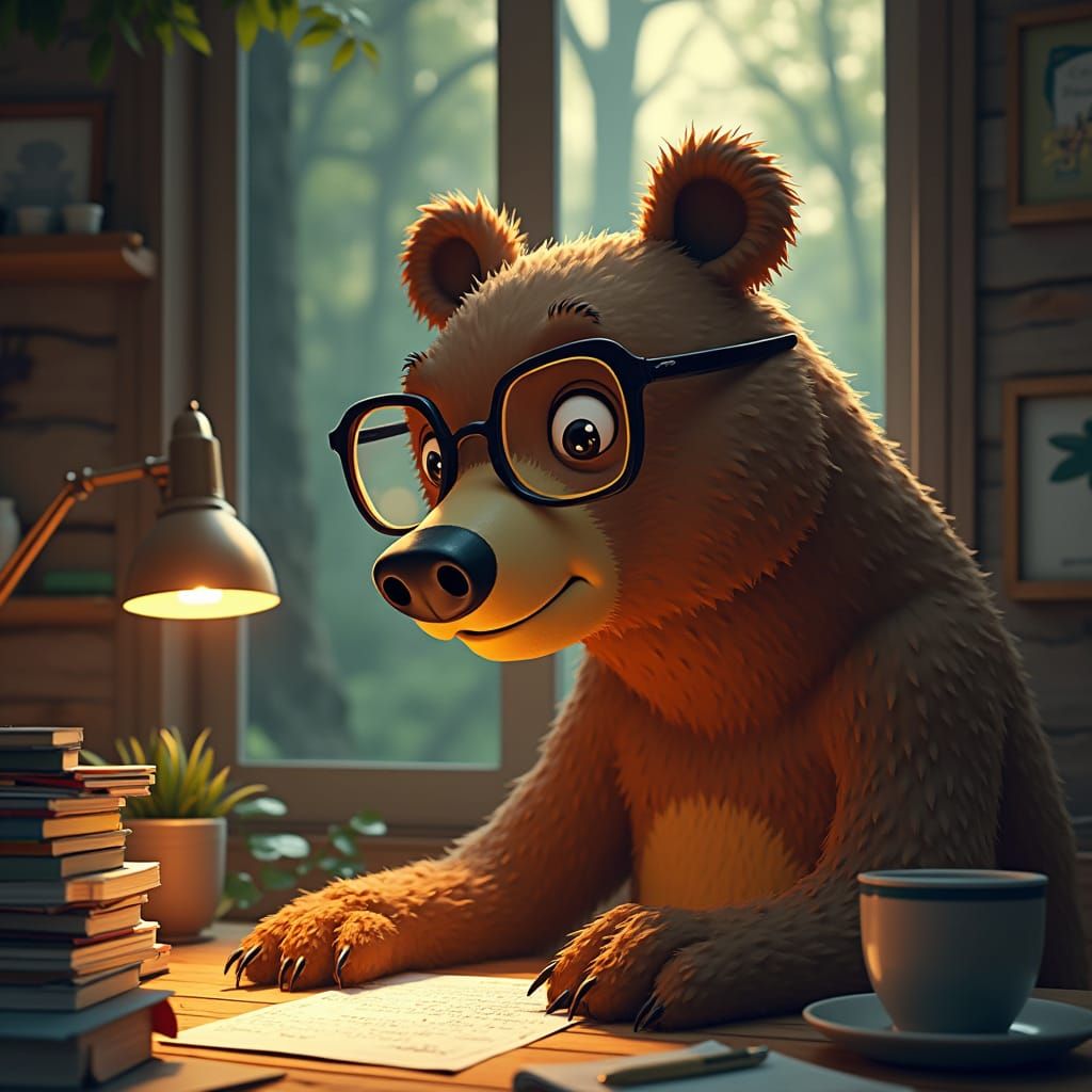 Bear Coder in Cozy Cabin, Digital Art