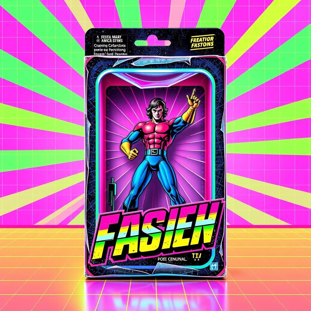 Retro 80s Action Figure Packaging in Neon Colors and Bold Gr...