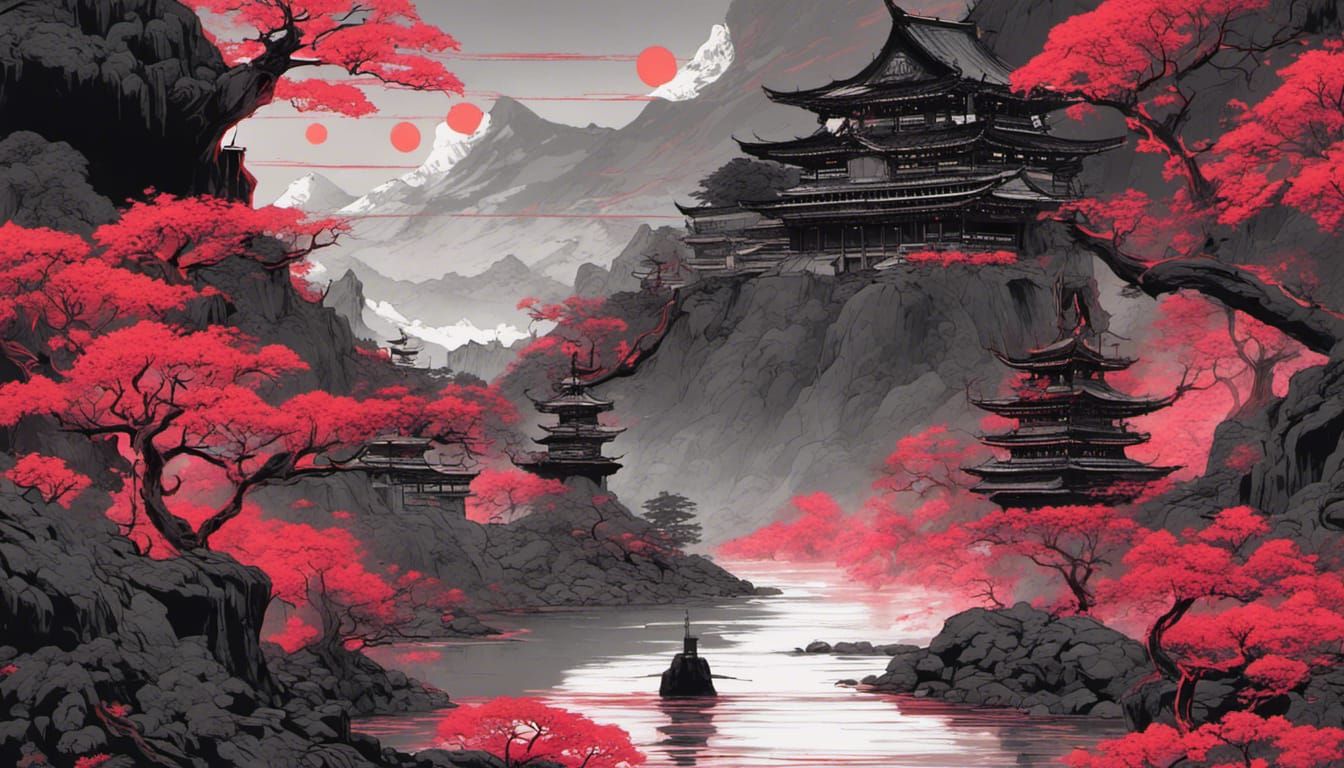 Japanese Fantasy Landscape Concept Art with Neon Accents