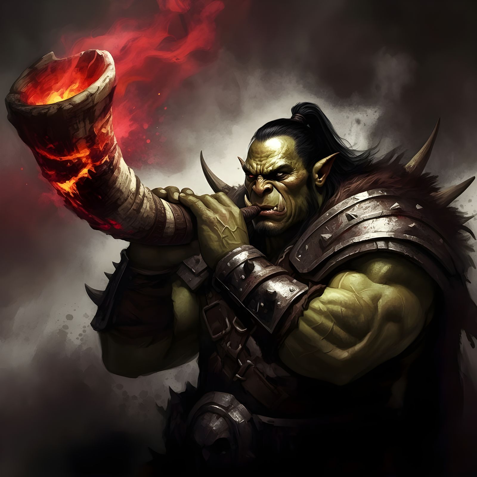 Warrior Orc Blows Ancient War Horn