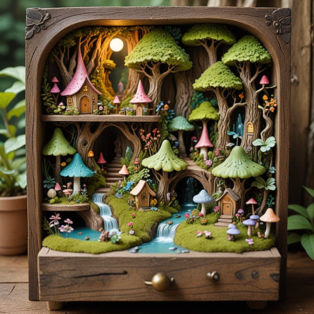 Miniature Forest Thrives in Antique Drawer, Fantasy Art