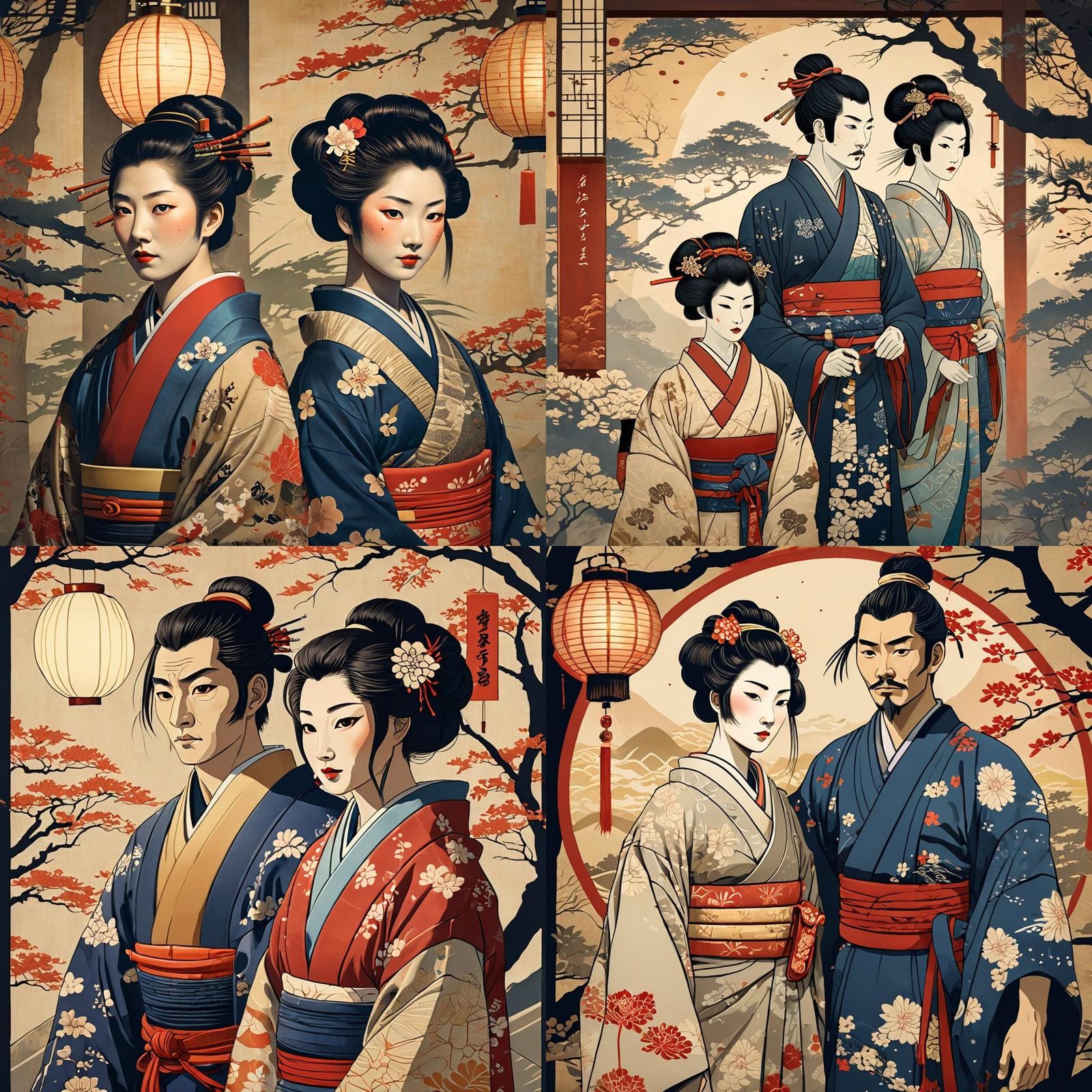 Ukiyo-e Portrait of Samurai and Geisha