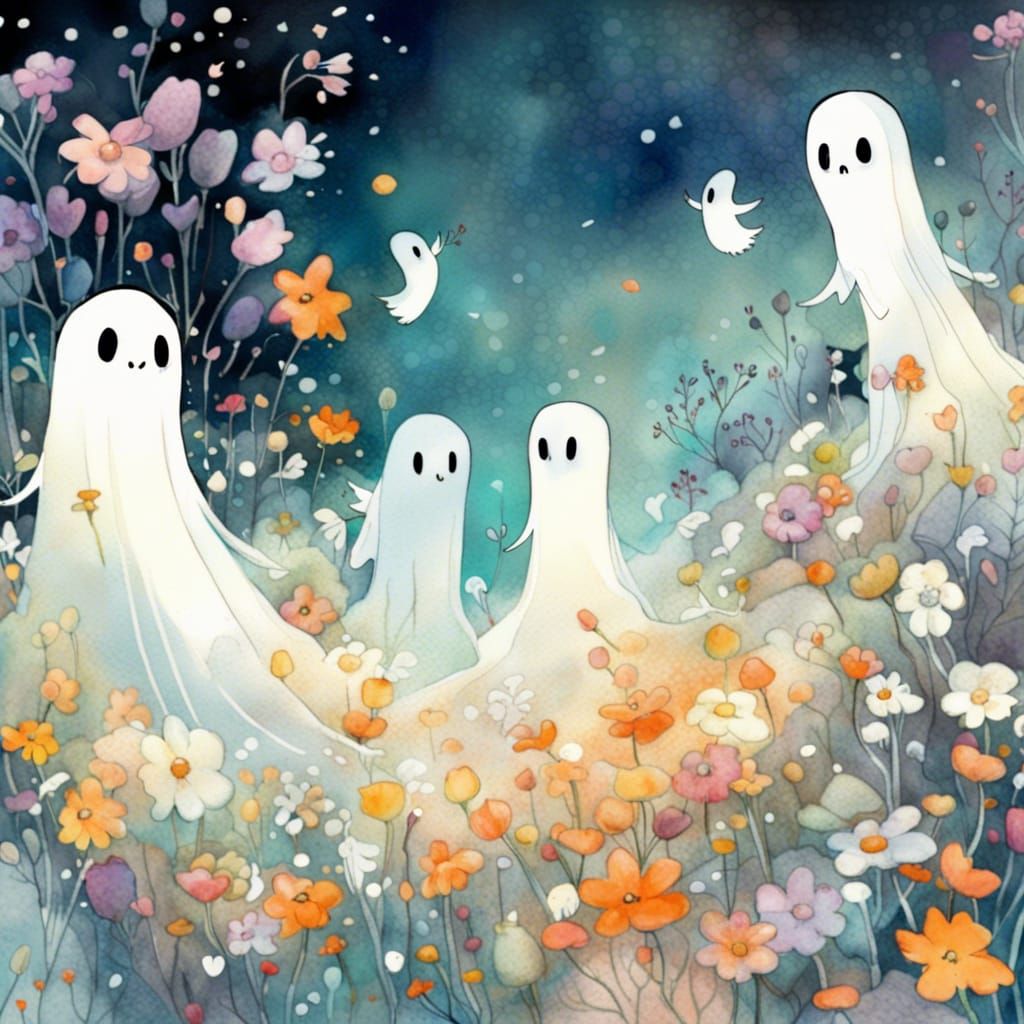 Ghosts in Flowery Graveyard: Watercolor and Ink Art