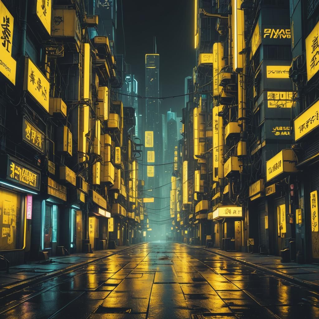 Cyberpunk City Street with Yellow Neon Lights