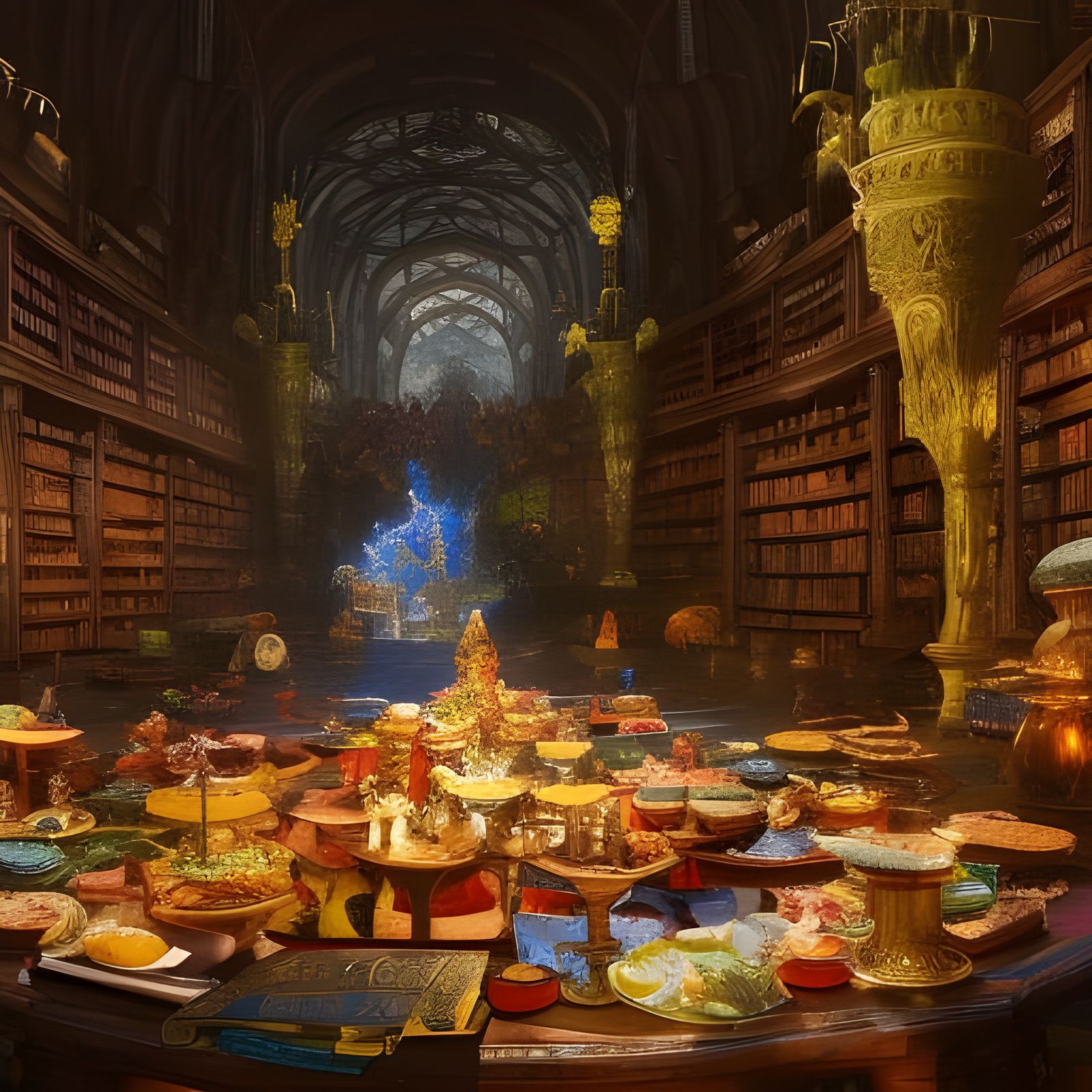 Merlin's Library Feast: A Fantastical Painting