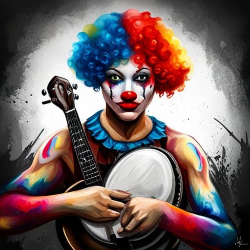 Young Clown with Banjo in Graffiti Art Style