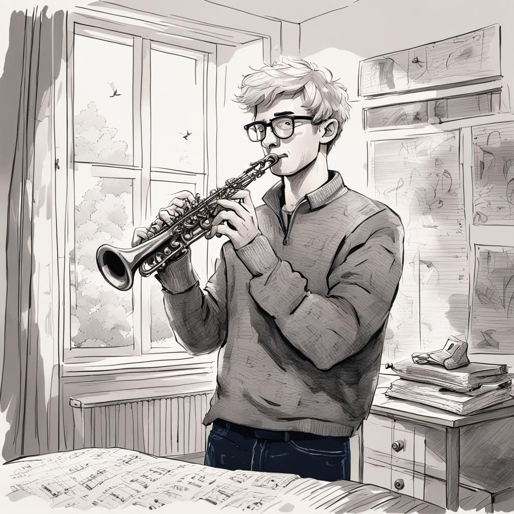 Young Man Playing Clarinet, Art Nouveau Portrait