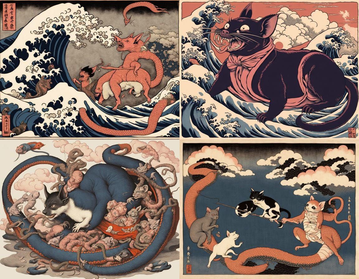 Surreal Ukiyo-e Storm Scene with Whimsical Creatures