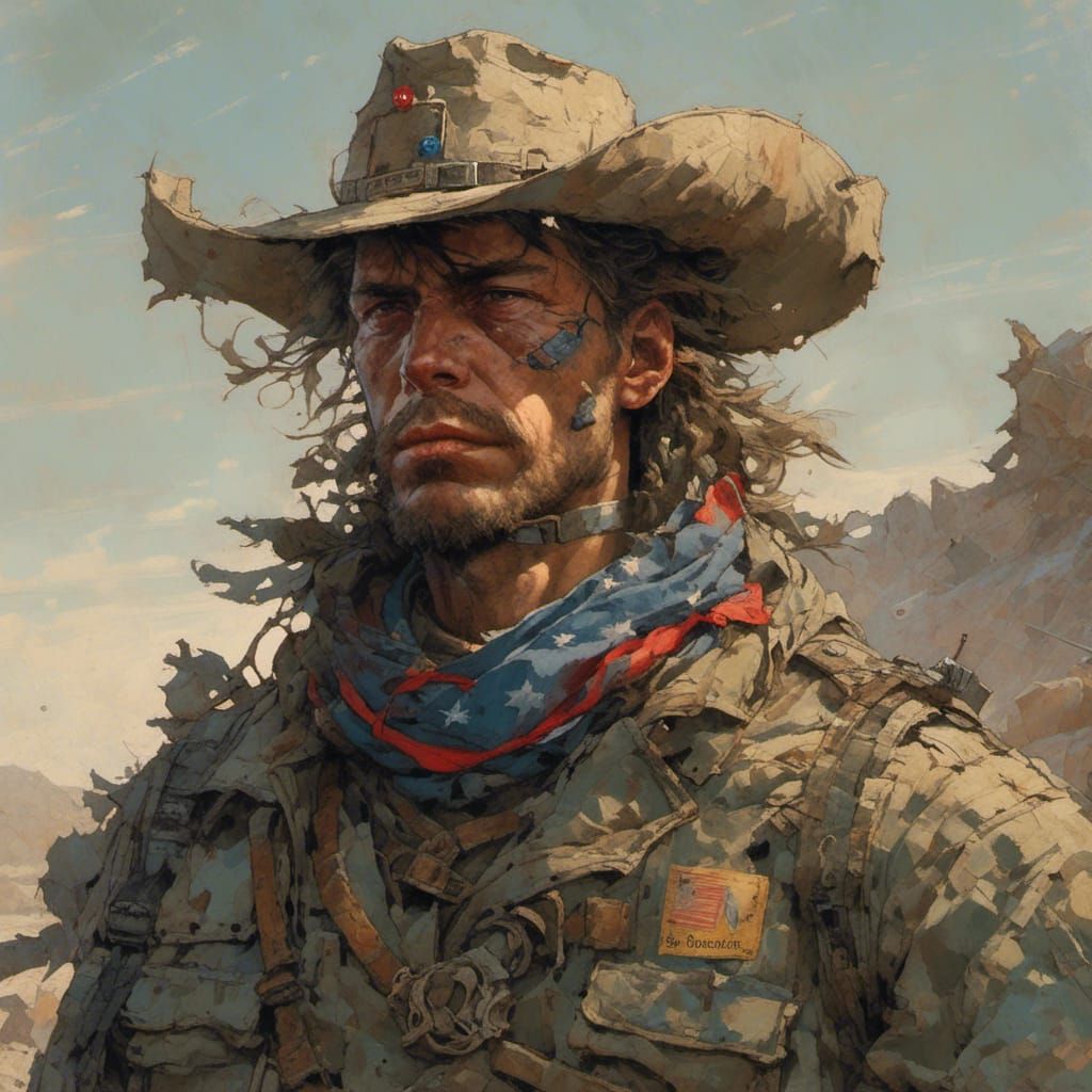 Rugged Cowboy Portrait with Military Accents