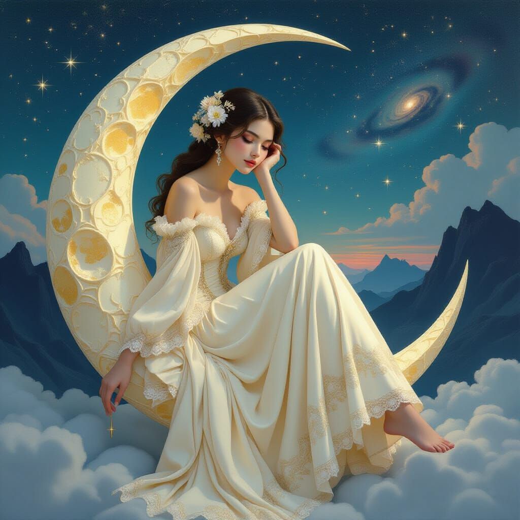 Woman on Crescent Moon in Cosmic Sky - Hyperdetailed Art