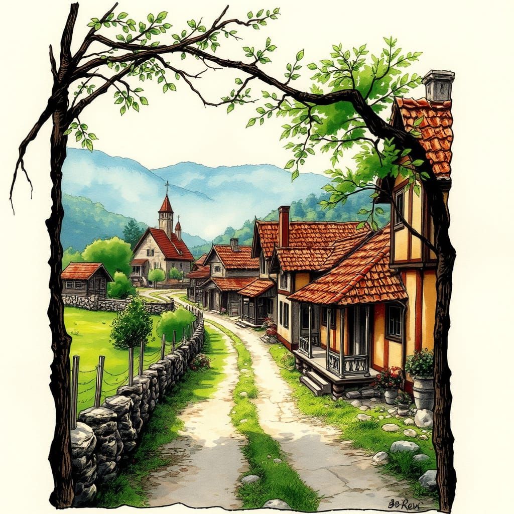 Picturesque Rural Village in Detailed Ink Art