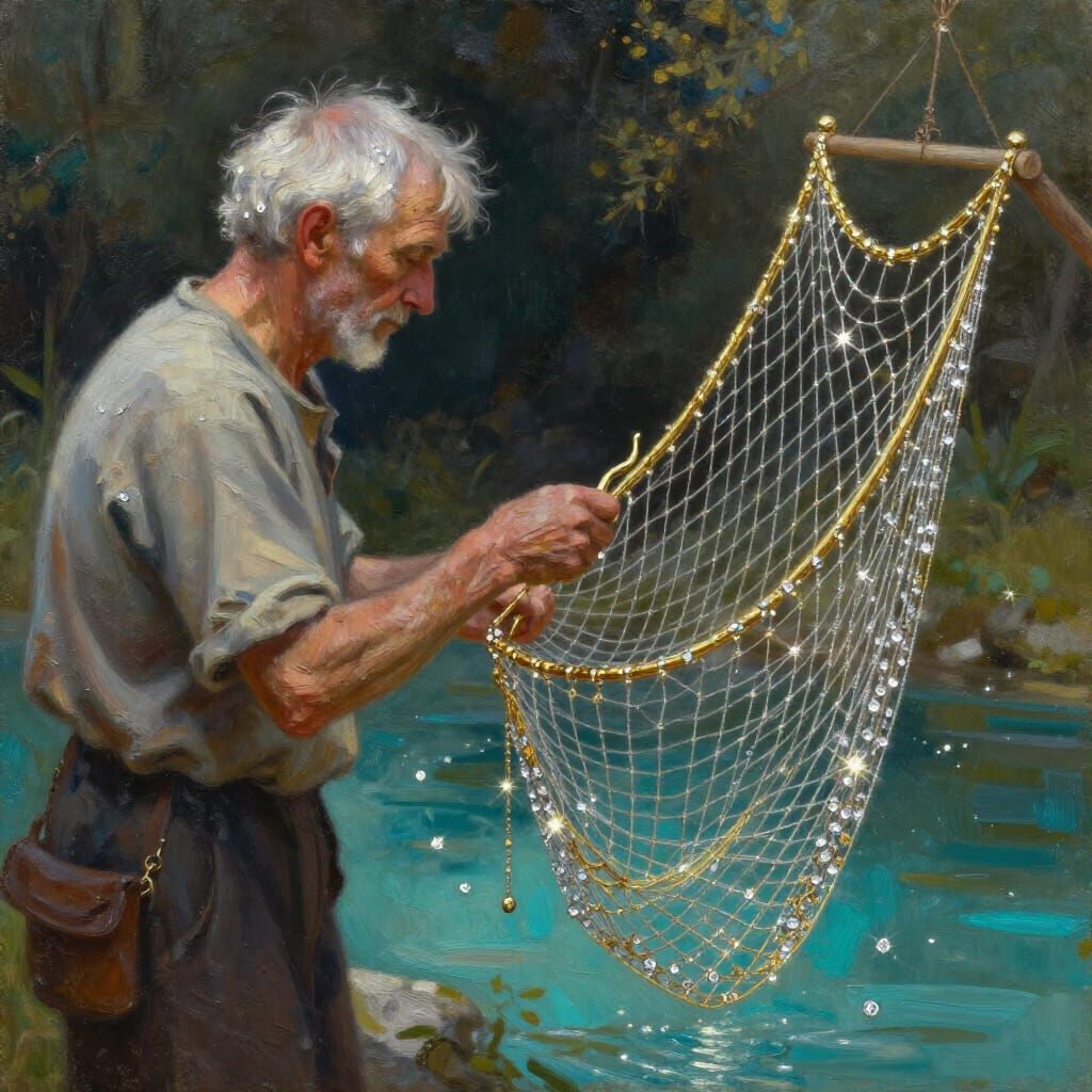 Old Fisherman with Mystic Net in Luminous Oil Painting