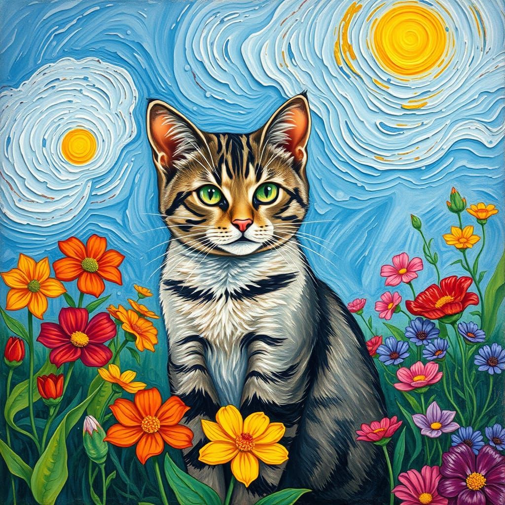 Impressionist Cat in a Van Gogh Garden