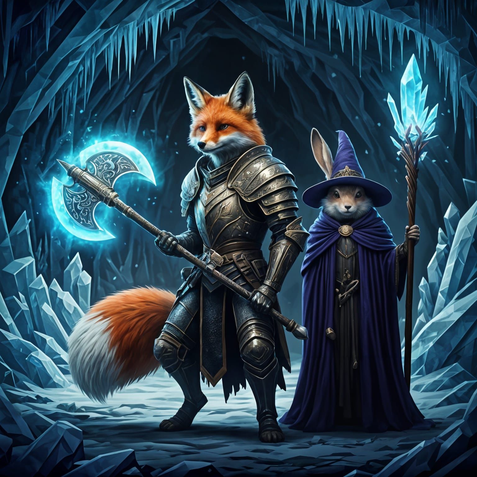 Brave Fox Knight Guards Rabbit Wizard in Frosty Cave