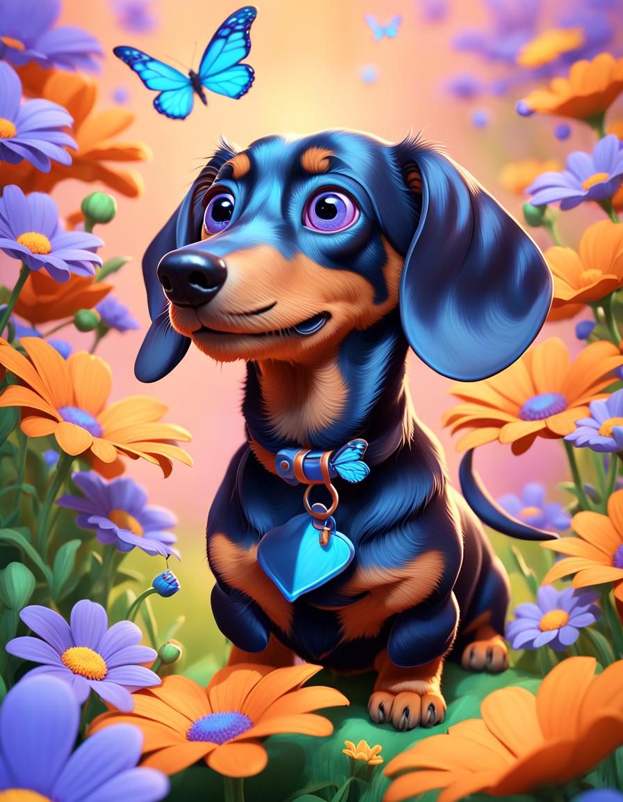 Dachshund Portrait with Butterfly in 3D Style