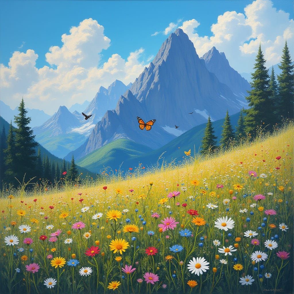 Ethereal Alpine Meadow in Hyper-Realistic Oil Painting Style