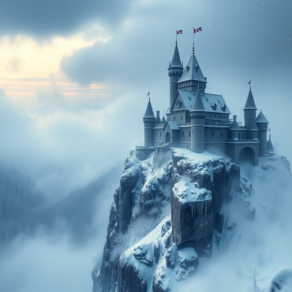 Dramatic Medieval Castle in Snowy Swiss Alps