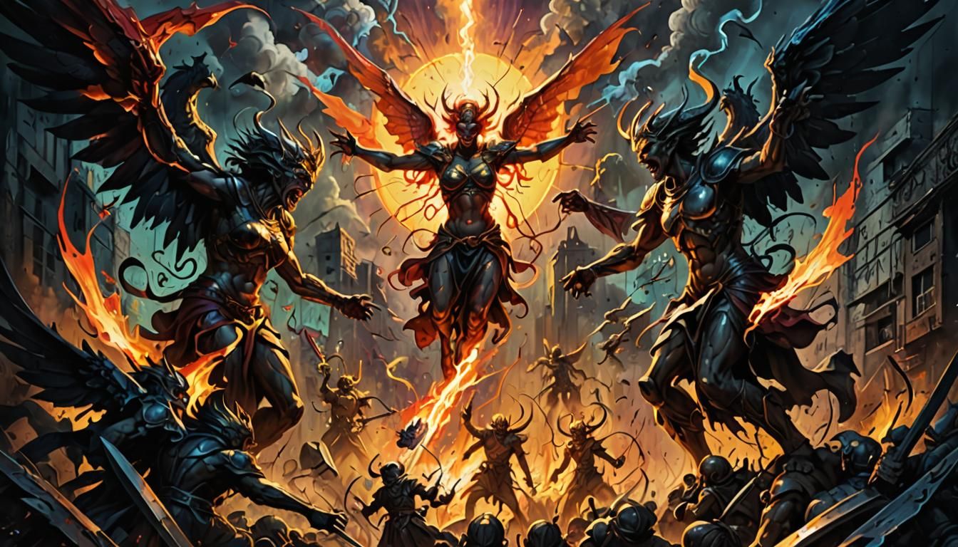 Hyper-Realistic Battle of Divine and Demonic Forces in a Rea...