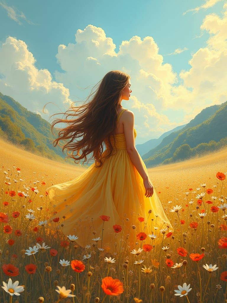 Girl in Meadow with Flowers, in Post-Impressionist Style