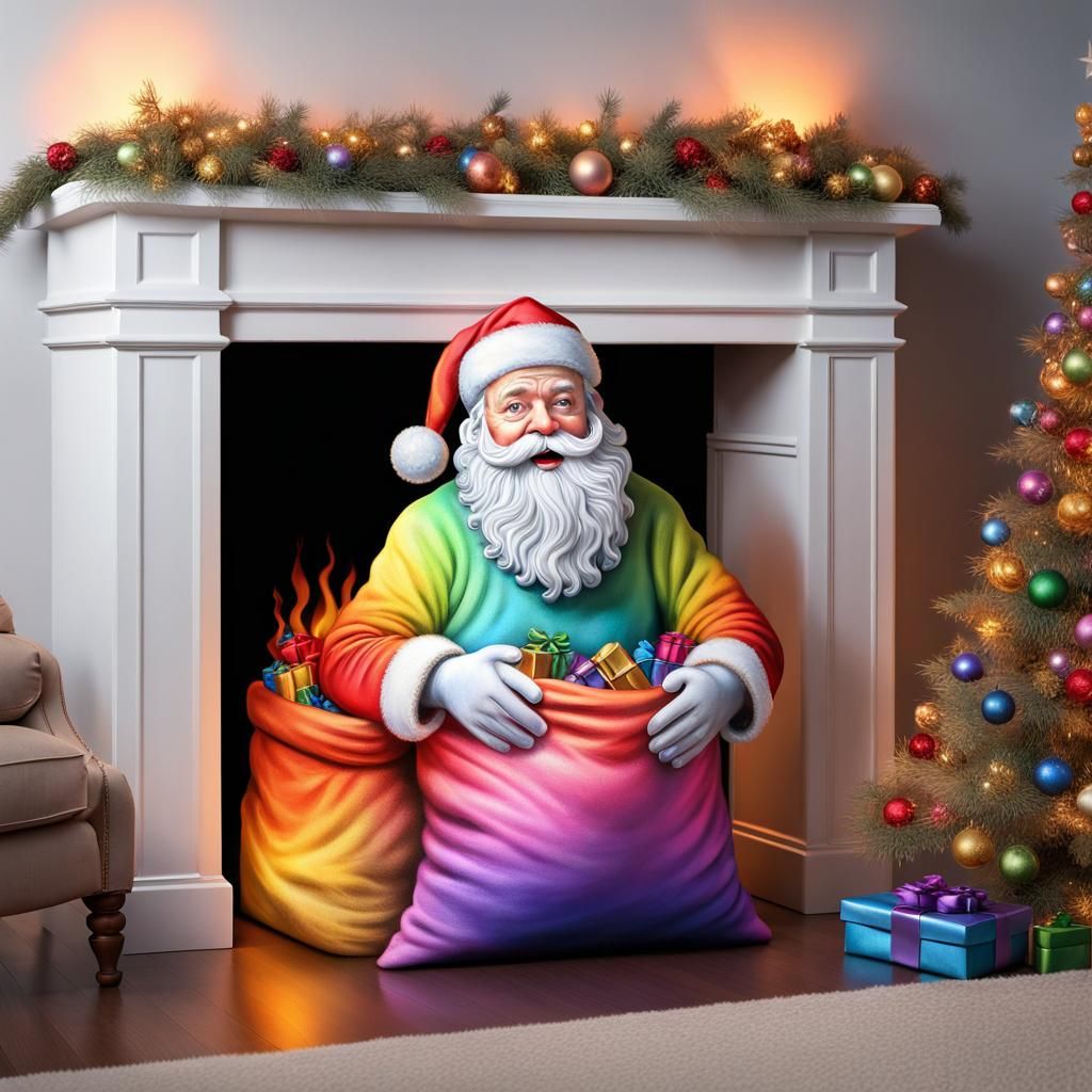 Santa Claus Emerges from Fireplace with Gifts