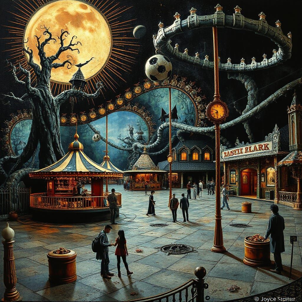 Haunted Amusement Park in Tim Burton's Surreal Style