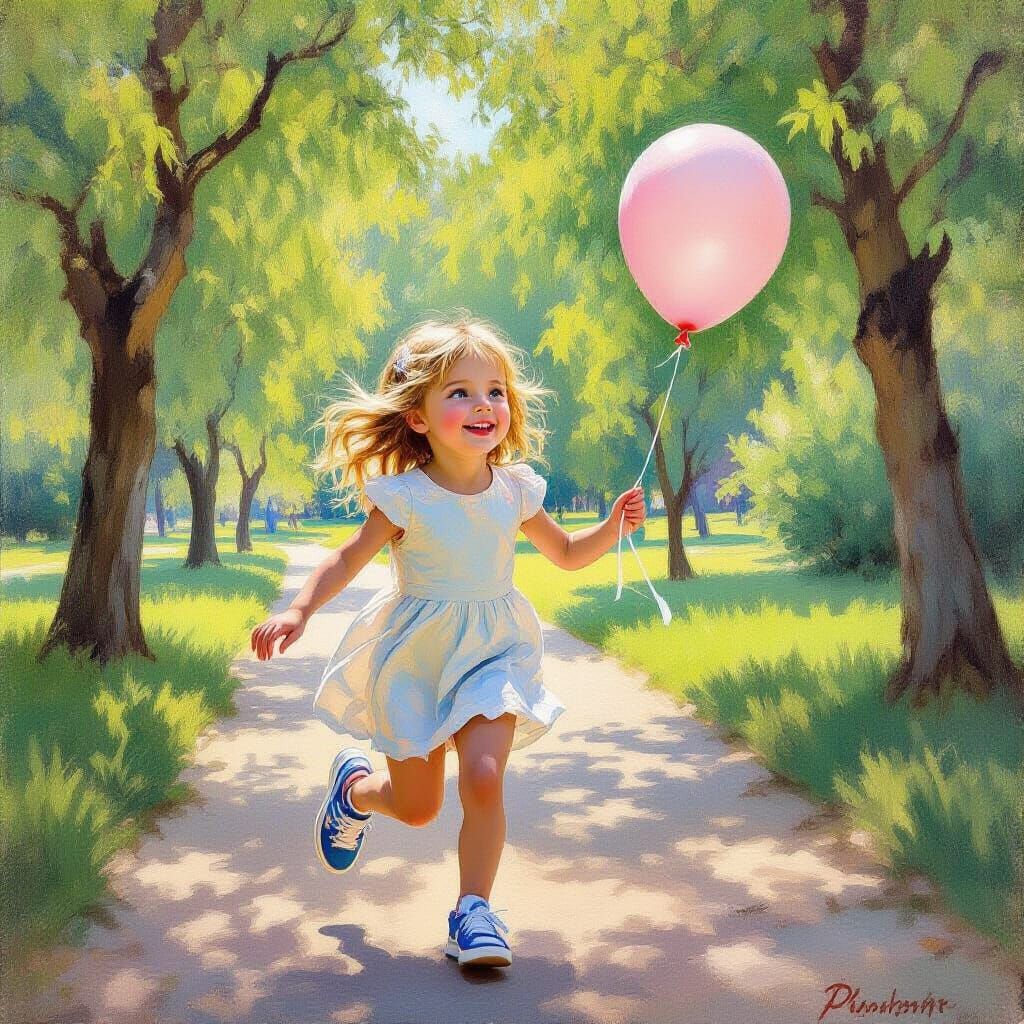 Joyful Girl Running with Balloon in Sunlit Park