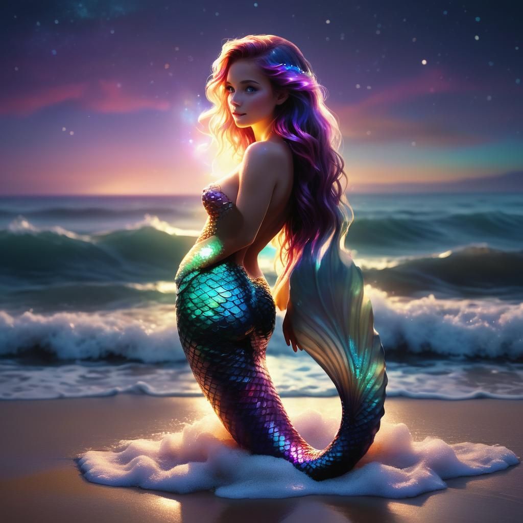 Hyperrealistic Mermaid at Beach with Vibrant Colors