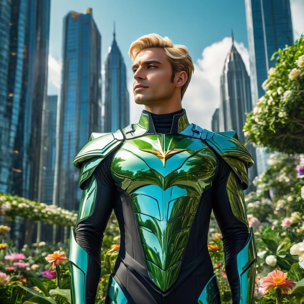 Solarpunk Prince in Utopian Cityscape