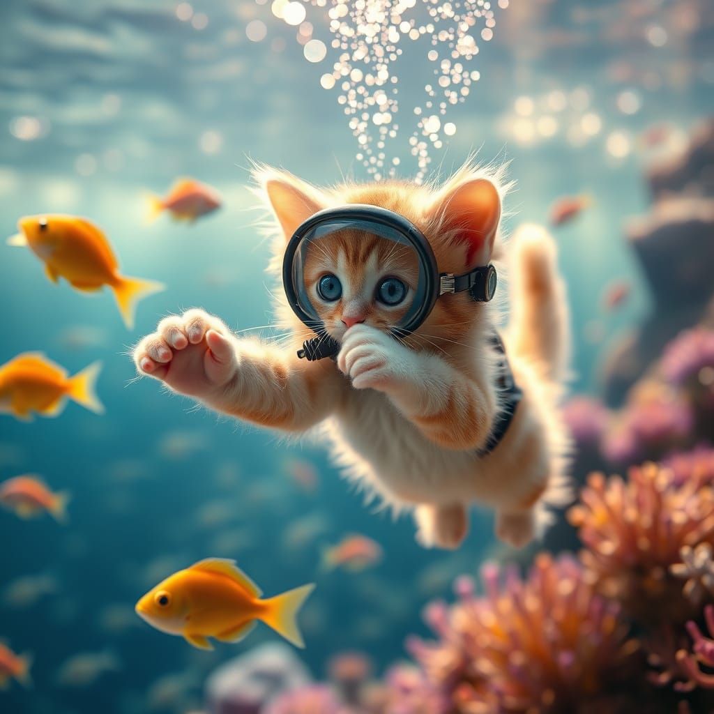 A heartwarming and adorable 3D render of baby kittens with enormous expressive eyes, diligently attempting to catch fish...