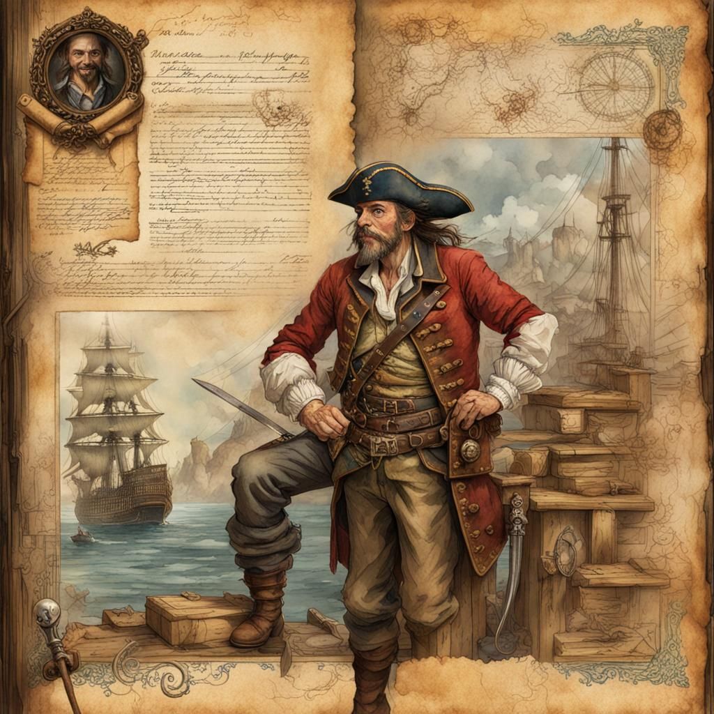 Old Pirate Portrait with Parchment Map in Watercolor