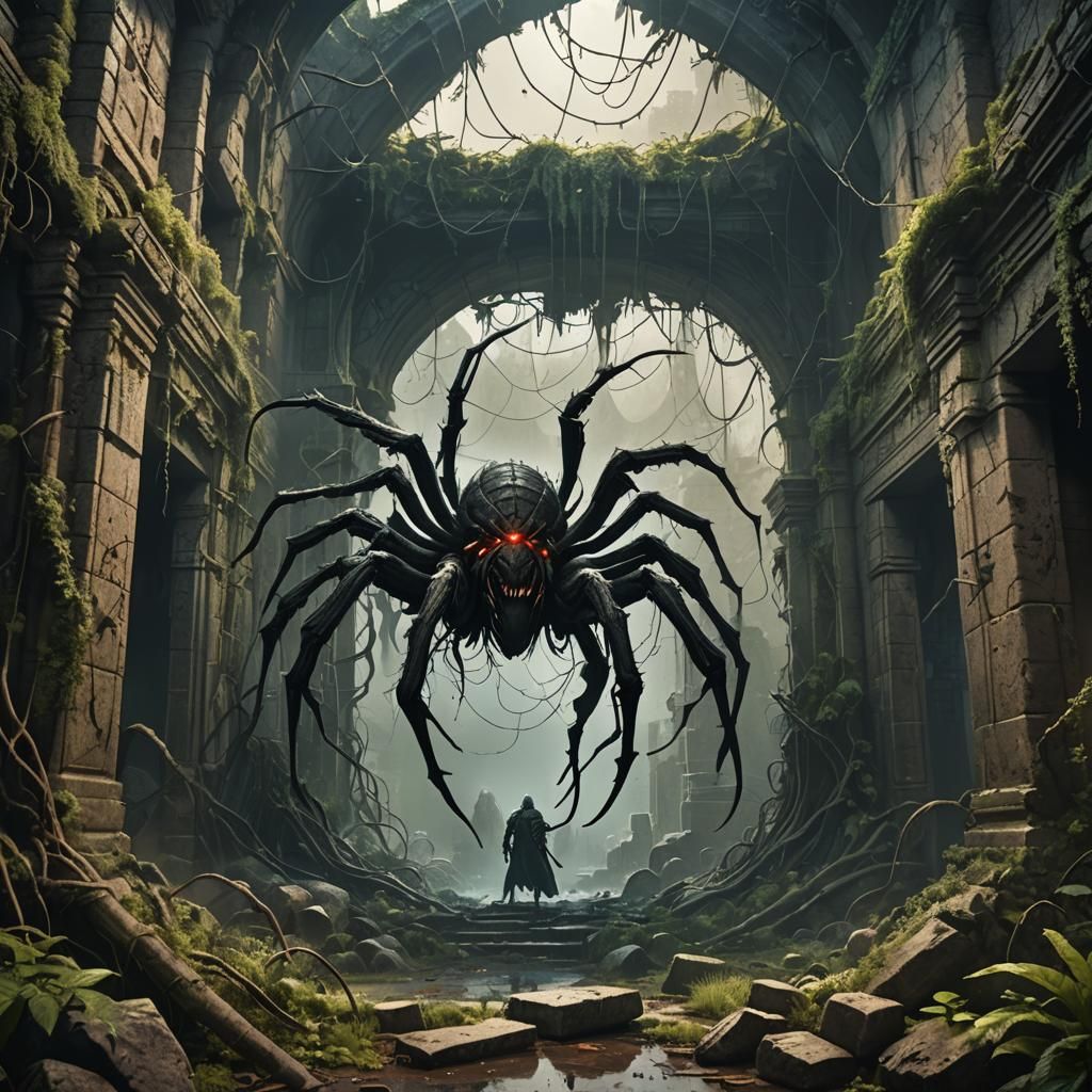 Spider Monster in Ruined Maze: Dark Fantasy Art