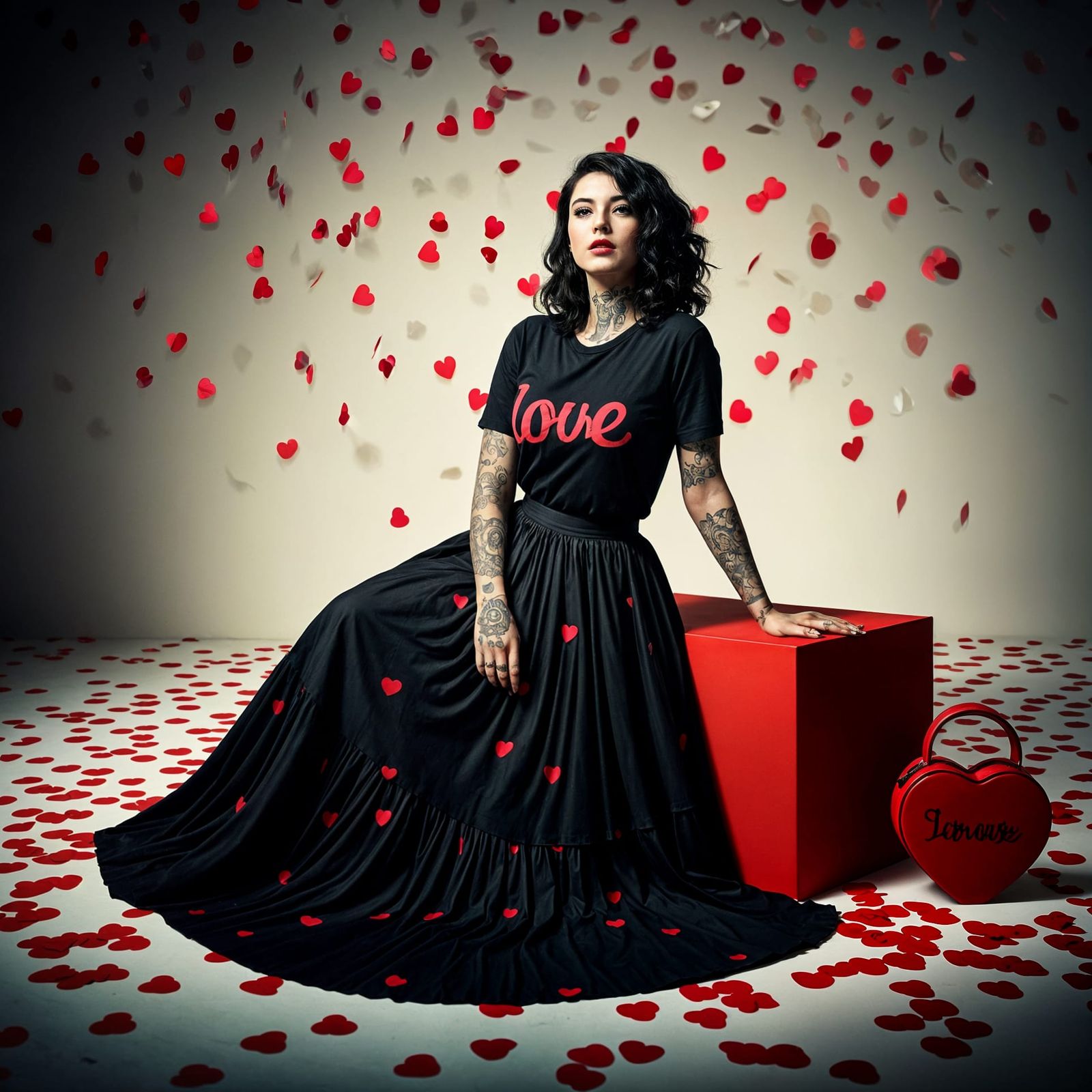 Elegant Woman Surrounded by Red Hearts in a Dramatic, High-C...