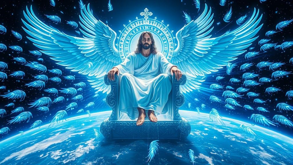 Sapphire Christ Radiates Neon Glory on Celestial Throne