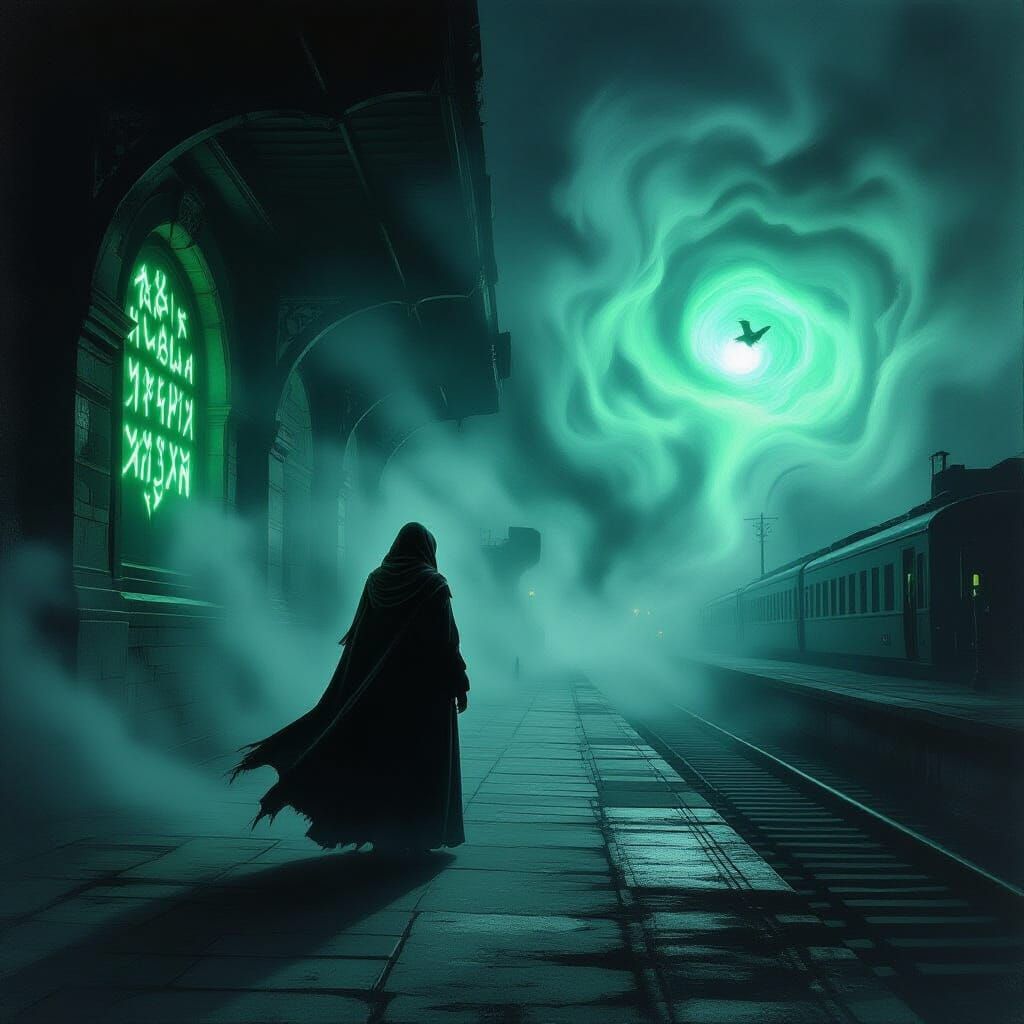 Woman on Foggy Platform Under Eerie Runes